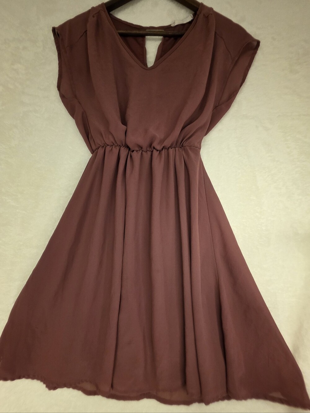 Lush Soft Mauve Flowing A-line Midi Chiffon Dress Gathered Waist Cap Sleeves XS